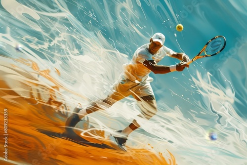 A painting depicting a tennis player intensely hitting a ball on the court, A dynamic composition capturing the energy of a tennis rally