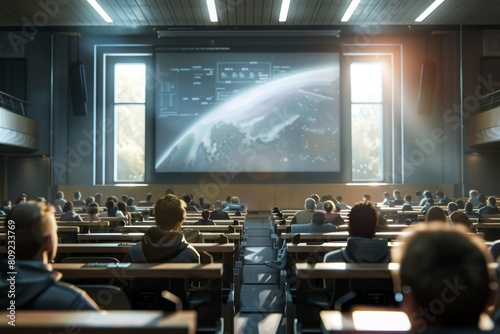 A classroom full of students actively involved in watching content on a screen during a lecture, A dynamic visualization of a college lecture hall with students engaged in learning