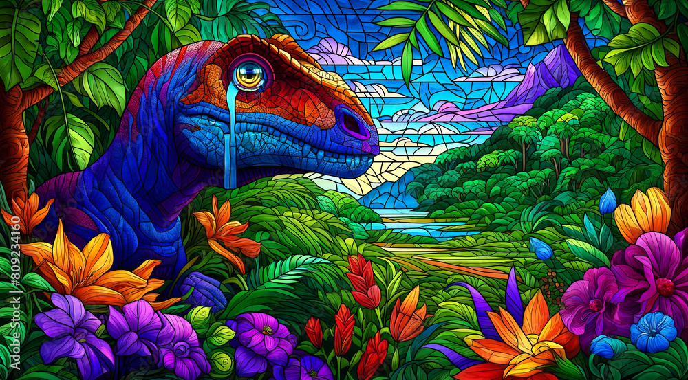 A colorful dinosaur with a sad expression is surrounded by a lush green forest A colorful dinosaur with a sad expression is surrounded by a lush green forest