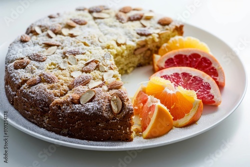 Almond Citrus Olive Oil Cake with Dusting of Powdered Sugar and Citrus Compote