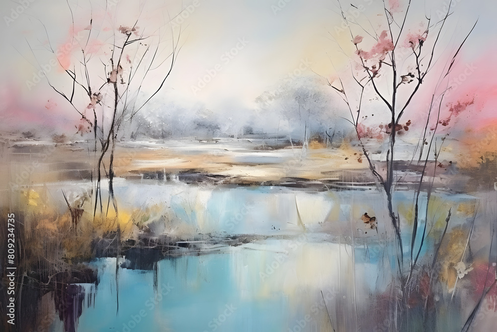 Fototapeta premium dreamy river bordering marsh. abstract landscape painting, generative ai