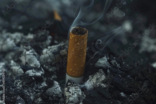 A lit cigarette emitting smoke, A faint aroma of tobacco lingering in the air around the half-burnt cigarette © Iftikhar alam