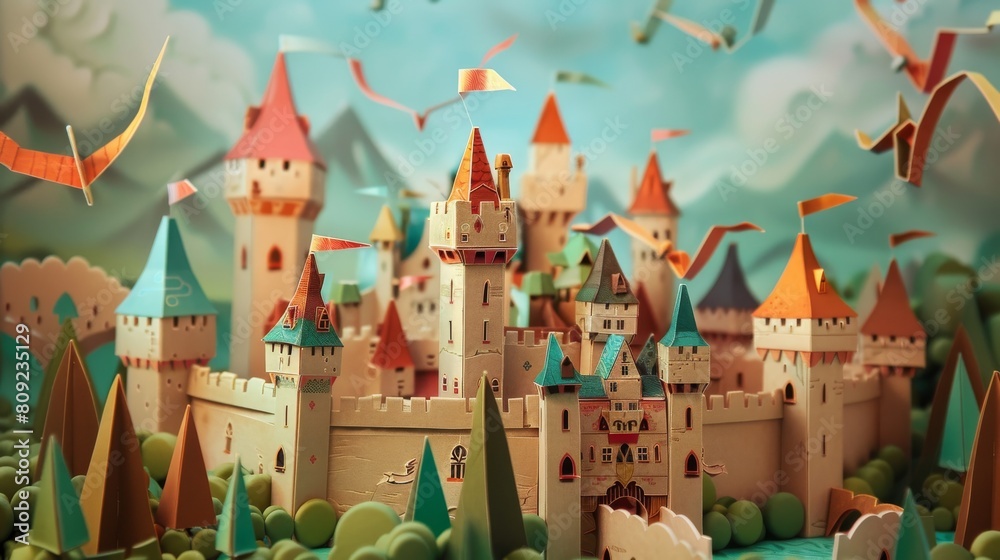 Intricate Paper Crafted Medieval Castle Scene with Banners and Knights
