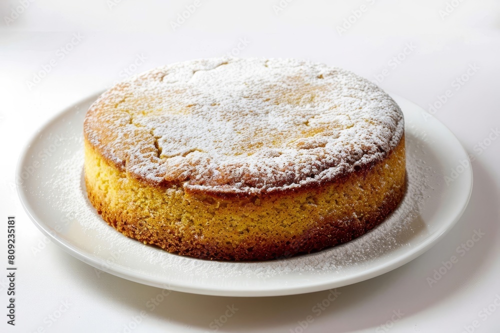 Golden Almond Cake on a Pristine White Plate Golden Almond Cake on a Pristine White Plate