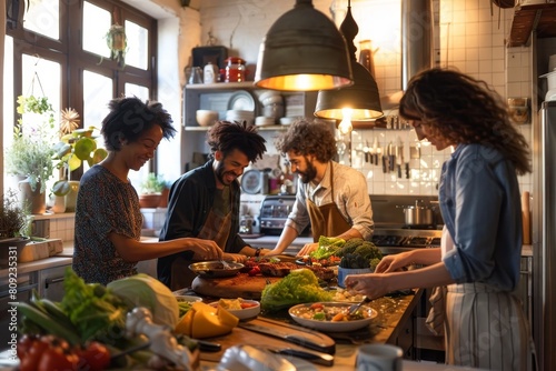Family members prepare food in a bright and busy kitchen setting, A family cooking together in a bright, bustling kitchen, sharing jokes and creating delicious meals