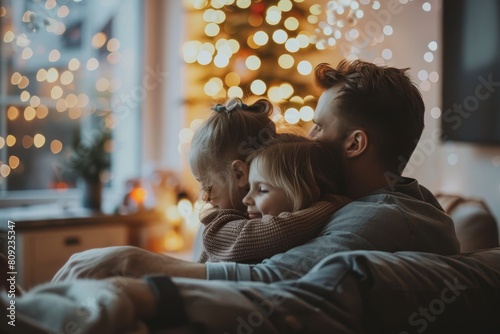 A man and woman are sitting on a couch with a child in front of a Christmas tree, A family cuddled up on the couch watching a movie on a rainy day