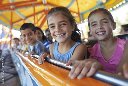 A group of young children excitedly riding on top of a roller coaster at an amusement park, A family enjoying a day out at the amusement park, smiling and having fun on the rides