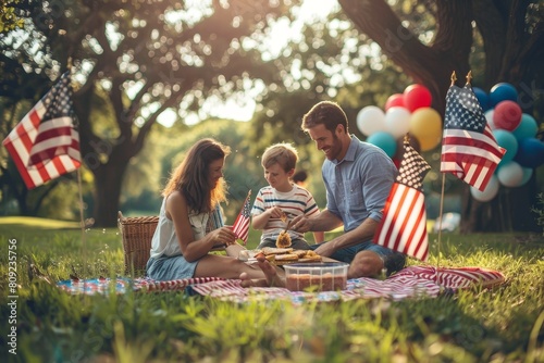 A family gathering in the park, sitting on a blanket and enjoying a picnic together on a sunny day, A family enjoying a picnic in a sunny park photo