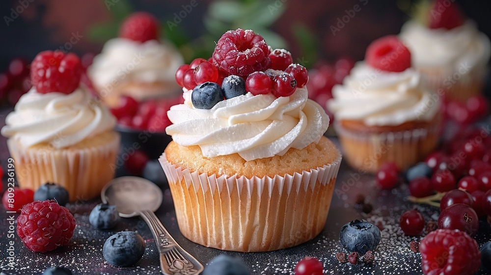   A close-up of cupcakes with frosting and raspberries on a table surrounded by berries