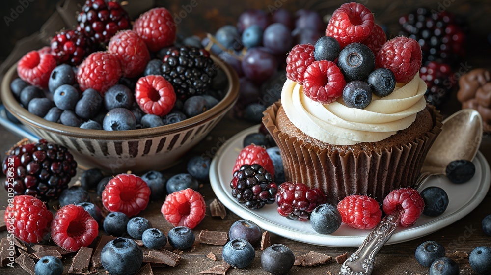 A cupcake with frosting, berries, and chocolate shavings on a plate beside a bowl of berries A cupcake with frosting, berries, and chocolate shavings on a plate beside a bowl of berries
