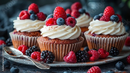  A plate of cupcakes topped with frosting and garnished with raspberries and blueberries