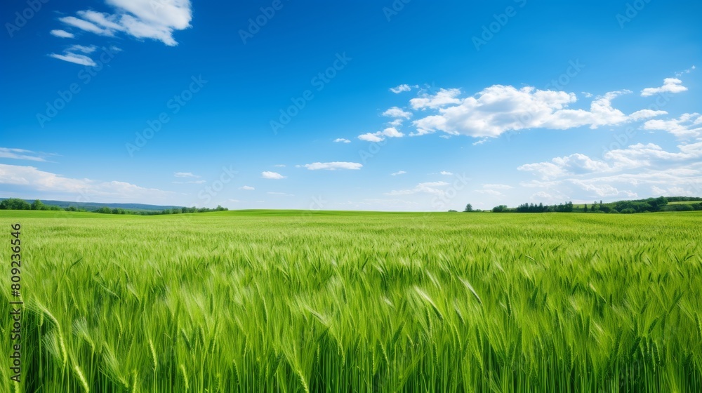 Sweeping Fields Of Green Wheat Dancing In The Breeze On A Sunny Day. Generative AI