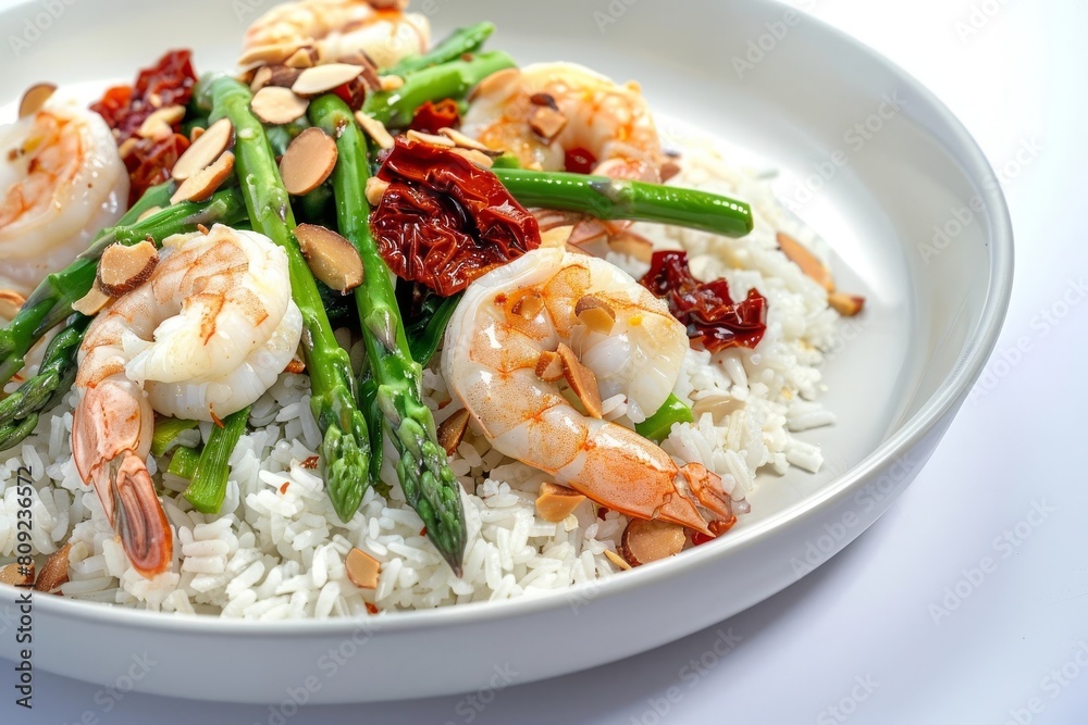 Elegant Almond Asparagus Shrimp Dish on Fluffy Steamed Rice Elegant Almond Asparagus Shrimp Dish on Fluffy Steamed Rice