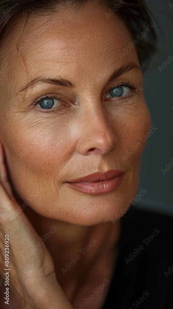 Close-up portrait of mature woman with striking blue eyes. Studio shot with dark background. Natural beauty and confidence concept. Close-up portrait of mature woman with striking blue eyes. Studio shot with dark background. Natural beauty and confidence concept.
