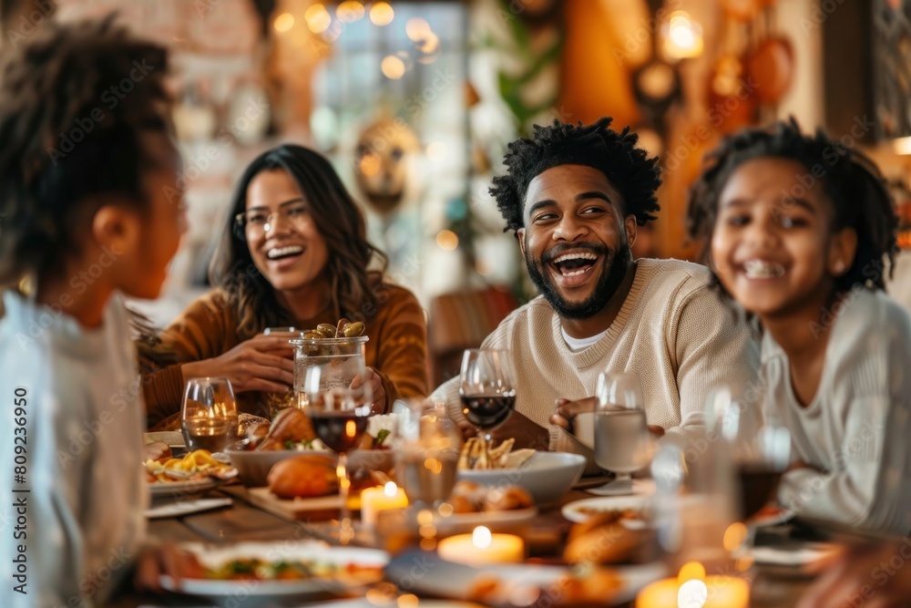 Group of people conversing and laughing during a meal at a dinner table, A family laughing and chatting over a homemade dinner at the dining table Group of people conversing and laughing during a meal at a dinner table, A family laughing and chatting over a homemade dinner at the dining table