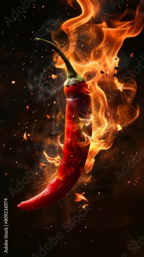 Red chili pepper engulfed in flames with sparks