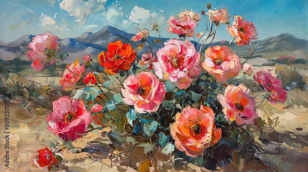 Fototapeta premium A field of flowers against a mountainous backdrop with cloudy skies