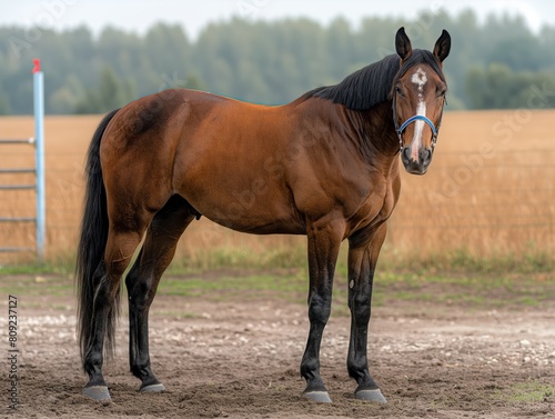A brown horse stands in a field with a blue halter. The horse is looking to the right © MaxK