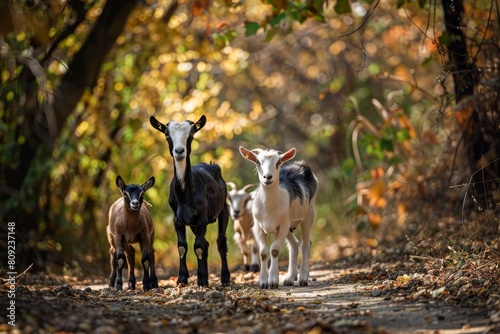 A herd of goats making their way down a dusty dirt road, curious and determined, A family of curious goats exploring their surroundings photo