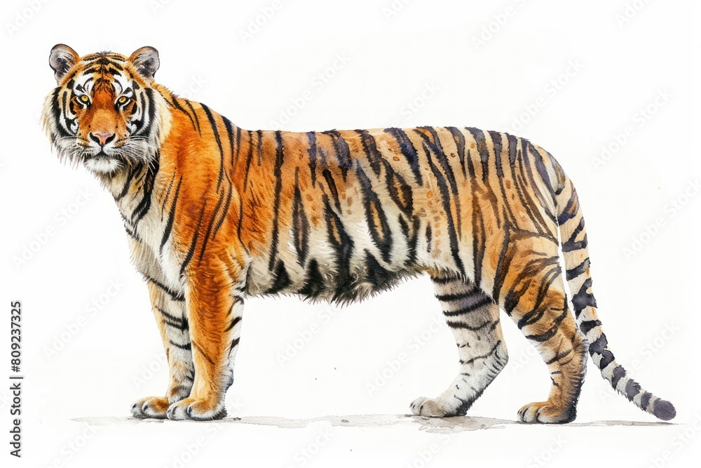 Obraz premium Bengal tiger, Pastel-colored, in hand-drawn style, watercolor, isolated on white background