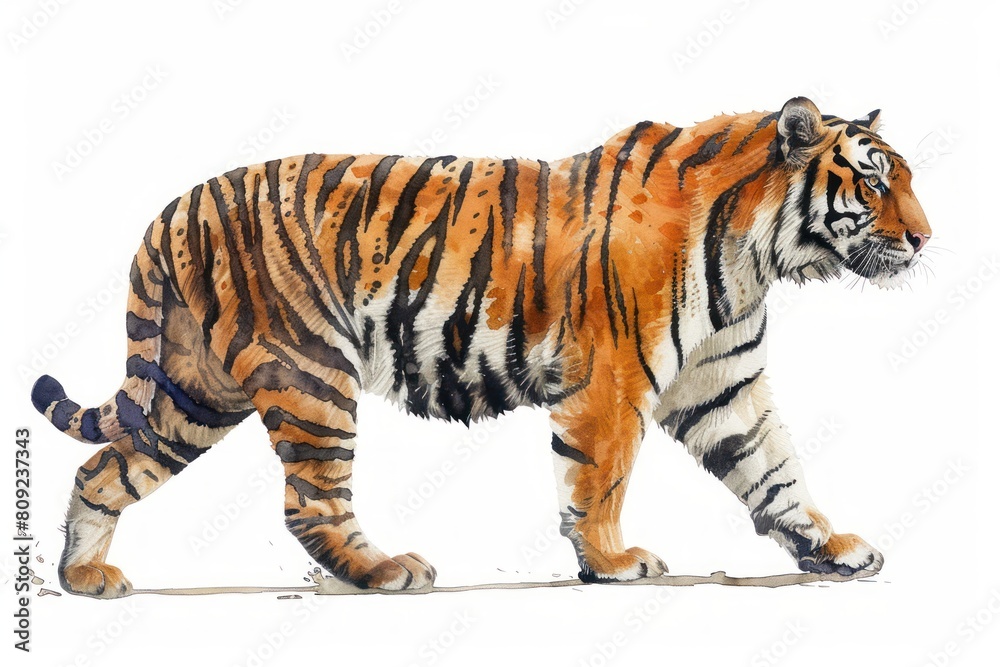 Fototapeta premium Bengal tiger, Pastel-colored, in hand-drawn style, watercolor, isolated on white background