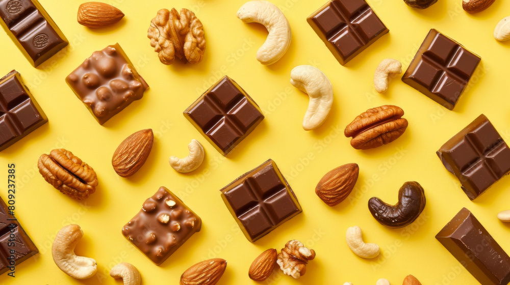 Assorted chocolates and nuts on a yellow background Assorted chocolates and nuts on a yellow background