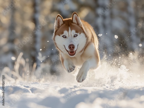 A dog is running through the snow with its tongue out. The dog appears to be happy and enjoying the cold weather