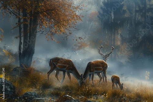 Three deer are grazing in a misty forest, A family of deer grazing in a misty forest