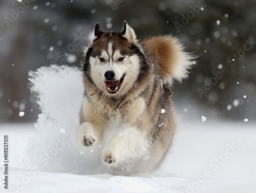 A dog is running through the snow with its tongue out. The dog appears to be happy and enjoying the snow