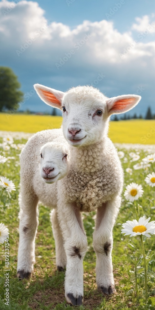 White sheep on green grass floral meadow White sheep on green grass floral meadow