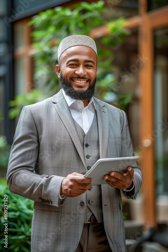 Smiling Businessman with Tablet Outdoors
