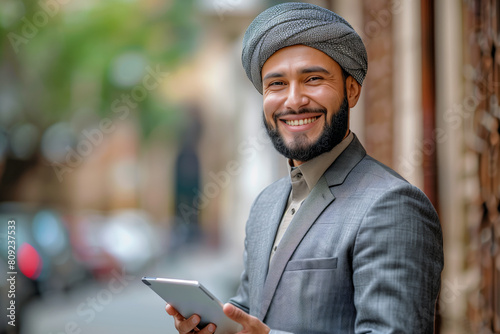 Smiling Businessman with Tablet on City Street