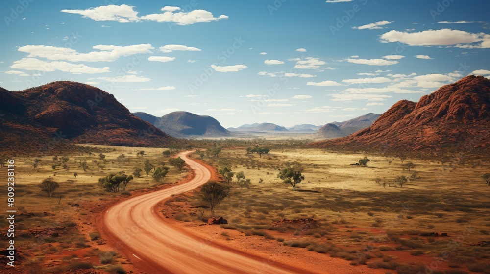 Winding Red Dirt Road Through The Rugged Outback Under A Cloud-Dotted Sky. Generative AI