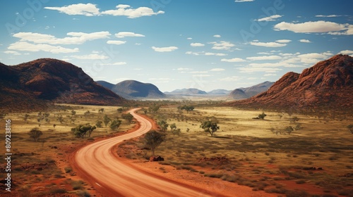 Winding Red Dirt Road Through The Rugged Outback Under A Cloud-Dotted Sky. Generative AI © Svetlana