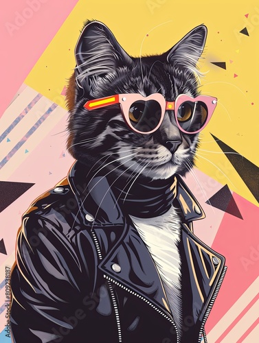 A cat with multi colored glasses, realistic head within a sylized image. photo