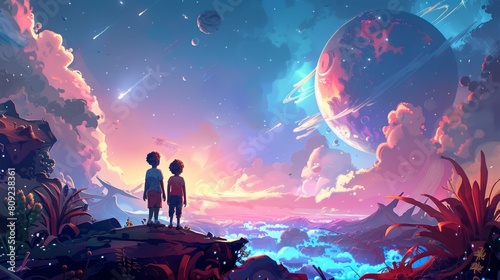 A dramatic scene with a boy and girl standing on the surface of an alien planet, looking out over a landscape dotted with otherworldly plants and distant galaxies in the sky above. photo