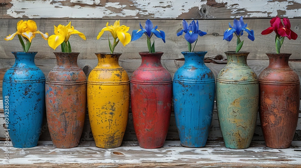 Fototapeta premium Group of vases with flowers sitting on wooden plank wall