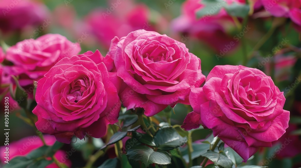 Magenta roses with lush petals, blooming in a vivid display that captures the eye with their striking color and texture