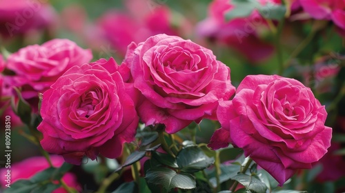Magenta roses with lush petals, blooming in a vivid display that captures the eye with their striking color and texture