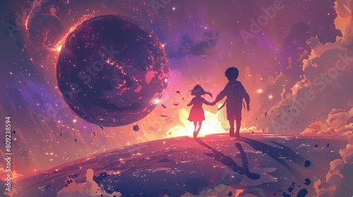 A novel cover illustration depicting a boy and girl in futuristic space gear, holding hands as they float above a shimmering alien planet, the galaxy stretching out infinitely behind them. photo