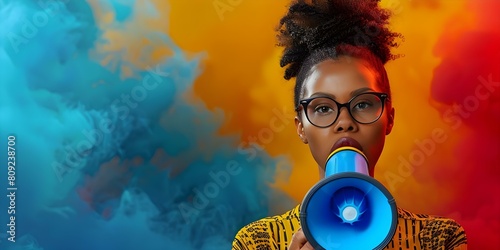 Black female activist protesting against gender-based violence with megaphone in a studio. Concept Studio Photoshoot, Black Activist, Gender-Based Violence, Megaphone, Protesting photo