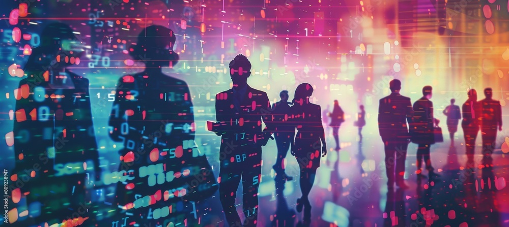 Silhouettes of business people with digital code and data in the background, representing technology for professional development Generative AI Silhouettes of business people with digital code and data in the background, representing technology for professional development Generative AI