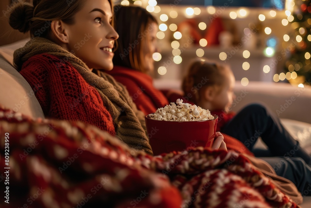 Two women sitting on a couch, engrossed in watching a movie together, A family watching a holiday movie together, snuggled up on the couch with blankets and bowls of popcorn Two women sitting on a couch, engrossed in watching a movie together, A family watching a holiday movie together, snuggled up on the couch with blankets and bowls of popcorn