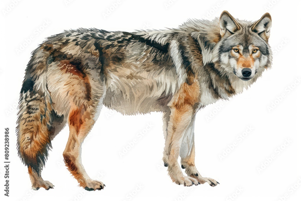 Fototapeta premium Gray wolf, Pastel-colored, in hand-drawn style, watercolor, isolated on white background