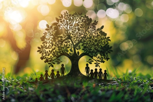 A tree with people shapes cut out of its trunk and branches, A family tree with branches bending and twisting to represent different generations and connections photo