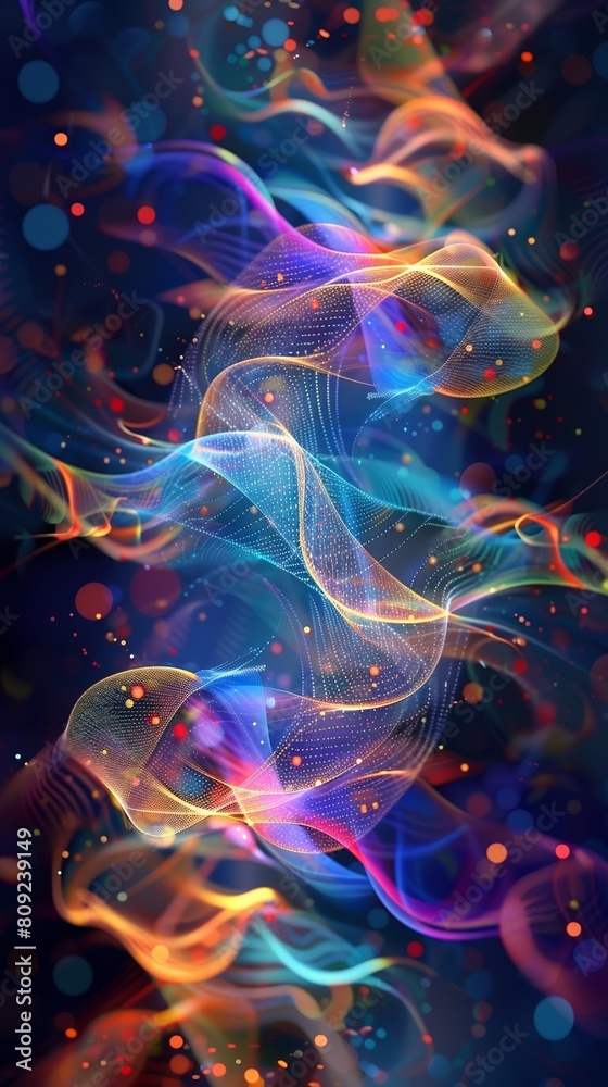 Abstract depiction of sound waves as they travel through different media, colorful and energetic patterns against a dark background Abstract depiction of sound waves as they travel through different media, colorful and energetic patterns against a dark background