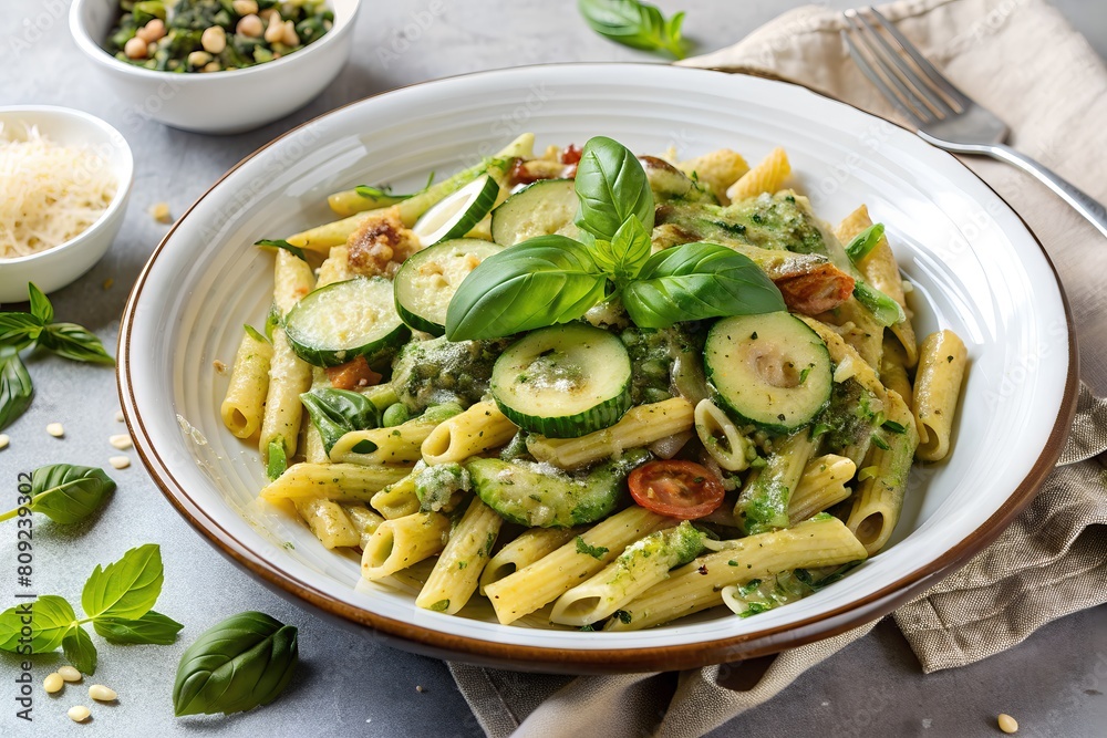 delightful whole grain plate of pasta adorned with fresh vegetables and herbs