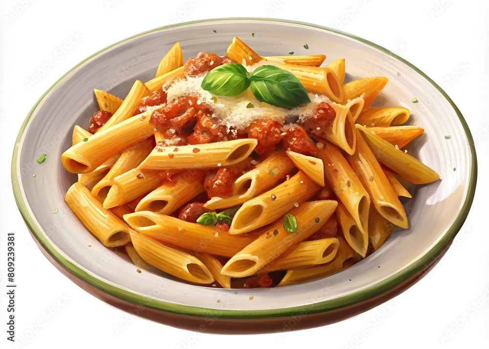 plate of pasta with tomato sauce garnished with basil leaves and grated cheese