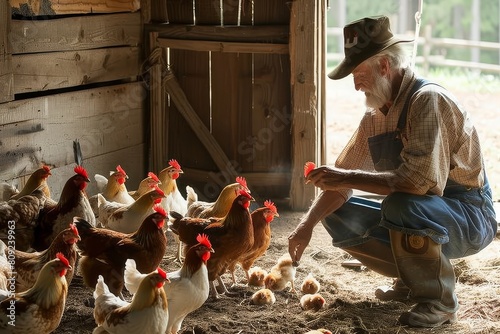 A man kneels next to a group of chickens in a rustic barn, feeding them, A farmer feeding chickens in a charming rustic barnyard