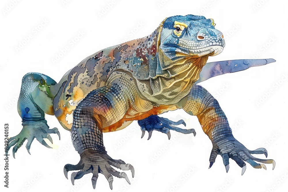 Obraz premium Komodo dragon, Pastel-colored, in hand-drawn style, watercolor, isolated on white background